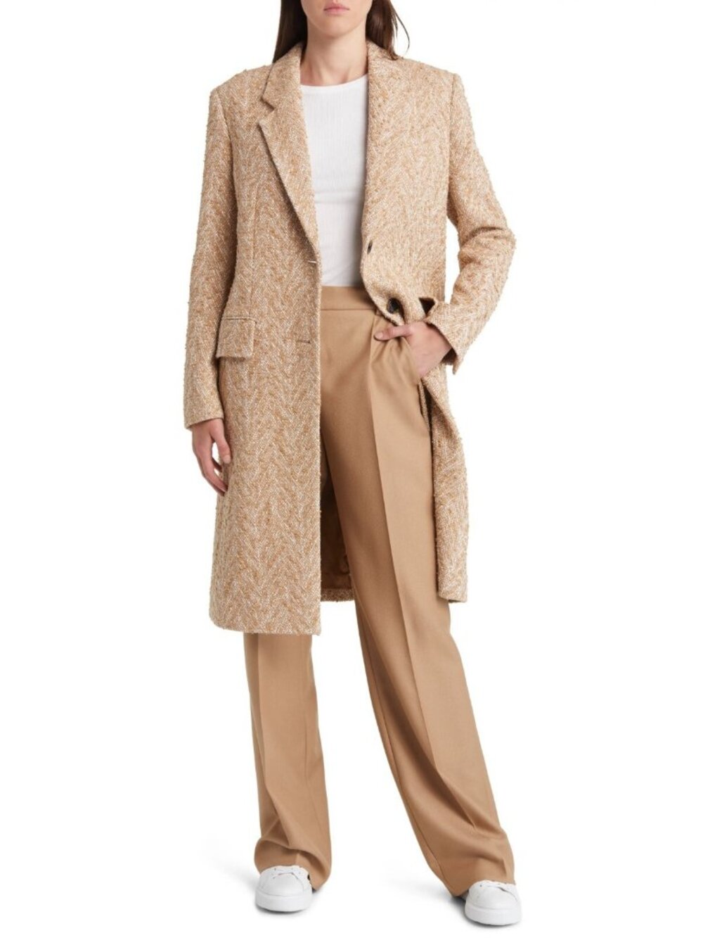 HUGO BOSS Catara Women's Cotton Blend Tweed Longline Coat Jacket Camel Size 4